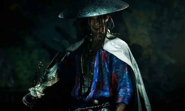 A samurai in Onimusha: Way of the Sword holds a sword beneath a conical hat in a dark setting.