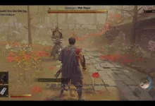 Miyamoto Musashi faces an enemy in a flower-filled courtyard in Onimusha: Way of the Sword.