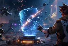 Futuristic Overwatch 2 battlefield with armored combatants surrounding a shattered blue holographic data panel