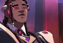 Screenshot from an Overwatch trailer showing Doctrine, a vampire-like hero with red glasses and an armored suit.