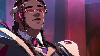 Screenshot from an Overwatch trailer showing Doctrine, a vampire-like hero with red glasses and an armored suit.