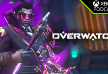 Promotional artwork showing Overwatch hero Sombra holding a weapon against a purple-lit background.