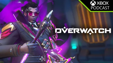 Promotional artwork showing Overwatch hero Sombra holding a weapon against a purple-lit background.