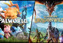 Split artwork shows Palworld creatures and characters beside RuneScape: Dragonwilds adventurers and a dragon.
