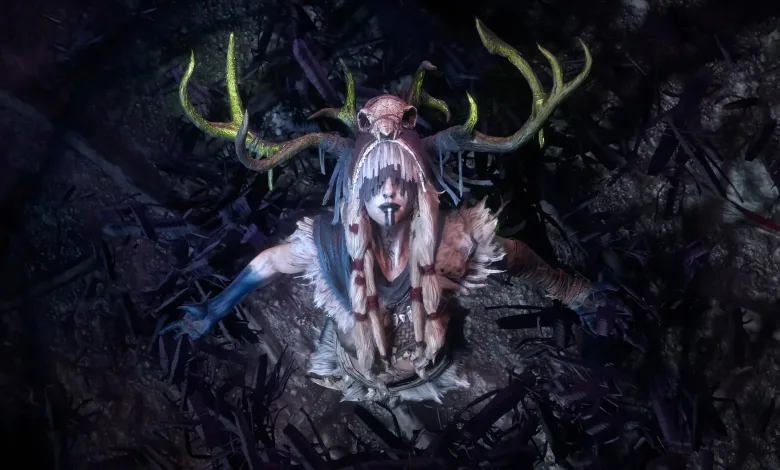 Path of Exile 2 trailer scene showing an antlered figure facing the sky in a dark setting