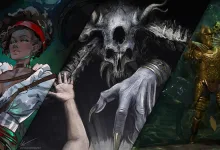 Collage of three fantasy artworks featuring a red-haired character, a skull-faced figure, and a gold-armored warrior.