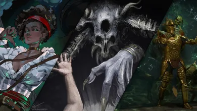 Collage of three fantasy artworks featuring a red-haired character, a skull-faced figure, and a gold-armored warrior.