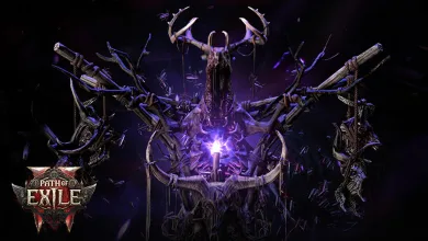 A dark purple ritual structure surrounds a glowing violet core in Path of Exile 2