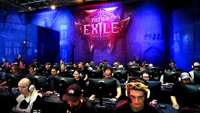 Crowd of attendees seated at computers beneath a Path of Exile 2 logo at the gamescom 2026 booth