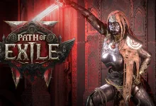 A Path of Exile 2 character in ornate armor stands in a red-lit setting beside the Path of Exile logo