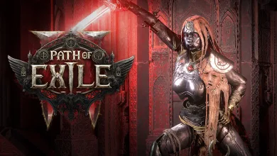 A Path of Exile 2 character in ornate armor stands in a red-lit setting beside the Path of Exile logo