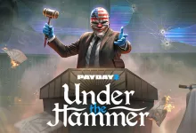 A masked PAYDAY 2 auctioneer holds a gavel behind a podium for the Under The Hammer heist