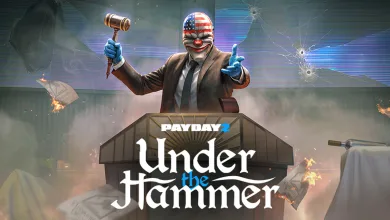 A masked PAYDAY 2 auctioneer holds a gavel behind a podium for the Under The Hammer heist