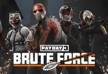 Masked PAYDAY 3 heisters stand armed beneath the Brute Force title