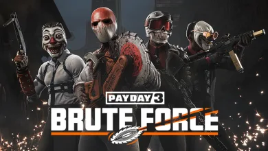 Masked PAYDAY 3 heisters stand armed beneath the Brute Force title