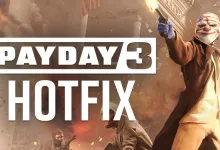 PAYDAY 3 hotfix graphic showing a masked heister raising a pistol amid smoke and debris