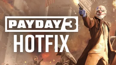 PAYDAY 3 hotfix graphic showing a masked heister raising a pistol amid smoke and debris