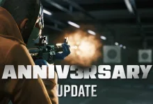 PAYDAY 3 heister fires a rifle at targets during the Anniversary Update