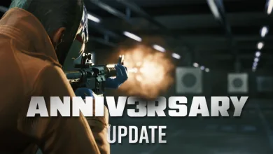 PAYDAY 3 heister fires a rifle at targets during the Anniversary Update