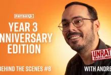 PAYDAY 3 Year 3 Anniversary Edition graphic featuring Andrej and the Behind the Scenes #8 episode title