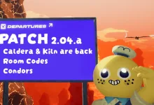A yellow scout character stands beside a sign for PEAK Patch 2.04.a listing Caldera and the Kiln returning, room codes, and condors, with a volcanic landscape behind it