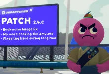 A pink scout character stands beside a departures sign announcing Peak Patch 2.4.C, including Bookworm badge, amulet-cooking, and long-run lag fixes.