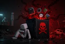 A faceless ragdoll crouches beside a black box marked with a red skull-and-crossbones as corrupted files and red pixels burst overhead.