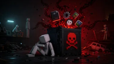 A faceless ragdoll crouches beside a black box marked with a red skull-and-crossbones as corrupted files and red pixels burst overhead.