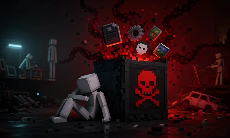 A faceless ragdoll crouches beside a black box marked with a red skull-and-crossbones as corrupted files and red pixels burst overhead.