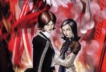 Key art for Persona 2 showing two characters against a red abstract background