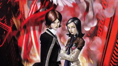 Key art for Persona 2 showing two characters against a red abstract background