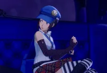 Marie sits on a couch wearing a blue cap, striped sleeves, and a plaid skirt in Persona 4 Revival.