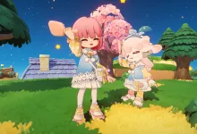 A pink-haired character stands beside a sheep-like animal character in a grassy, tree-lined area beneath a starry sky in Petit Planet