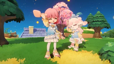 A pink-haired character stands beside a sheep-like animal character in a grassy, tree-lined area beneath a starry sky in Petit Planet