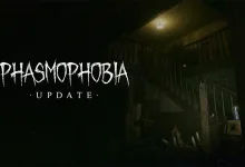Phasmophobia artwork showing a dark, dimly lit house interior with investigation equipment