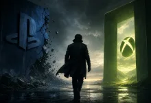A silhouetted figure stands between a dark PlayStation symbol and a glowing Xbox symbol in a stormy landscape.