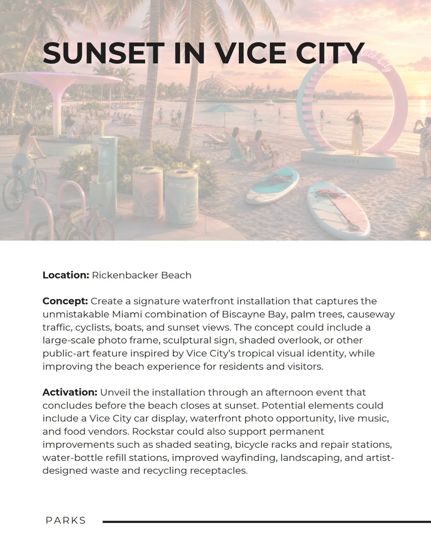 Pitch deck page proposing a sunset Vice City installation at Rickenbacker Beach