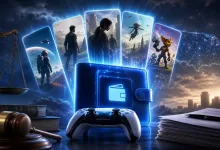 PlayStation-style controller and digital wallet card beside game cards, legal scales, a gavel, settlement papers, and a glowing U.S. map