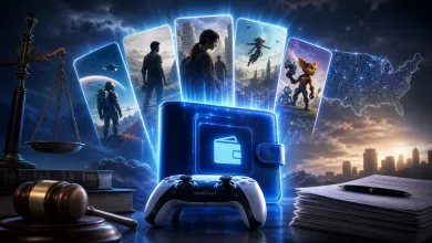 PlayStation-style controller and digital wallet card beside game cards, legal scales, a gavel, settlement papers, and a glowing U.S. map