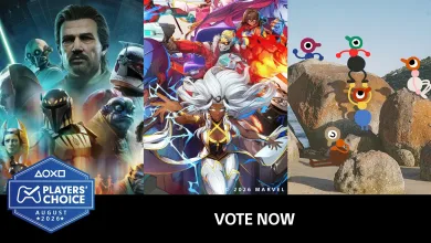 PlayStation Players’ Choice August 2026 graphic showing a three-panel lineup of game artwork, including MARVEL Tōkon: Fighting Souls, with a Vote Now prompt.
