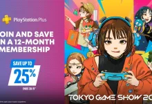 PlayStation Plus Tokyo Game Show 2026 graphic promoting up to 25% off a 12-month membership, with illustrated players and a game controller.