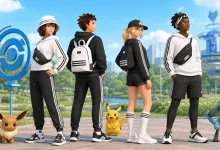 Four Pokémon GO Trainer avatars wear black-and-white adidas-inspired outfits beside Pikachu and other Pokémon in a city park.