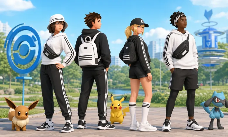 Four Pokémon GO Trainer avatars wear black-and-white adidas-inspired outfits beside Pikachu and other Pokémon in a city park.