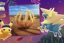 Bramblin appears between Pikachu and Mega Manectric in a Pokémon GO Fall Marathon: Buddy Trek event graphic.