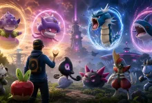 A Pokémon GO trainer stands among multiple Pokémon with glowing raid-like rings during a buddy evolution event.