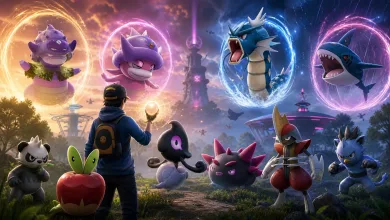 A Pokémon GO trainer stands among multiple Pokémon with glowing raid-like rings during a buddy evolution event.