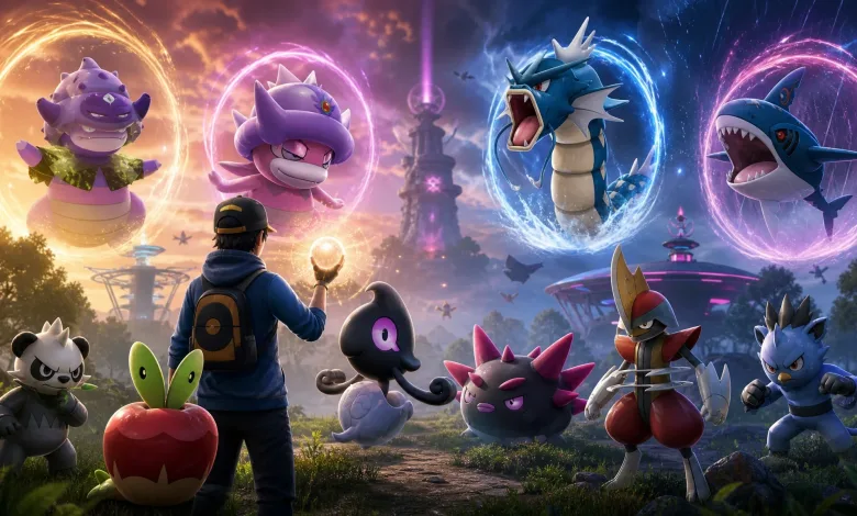 A Pokémon GO trainer stands among multiple Pokémon with glowing raid-like rings during a buddy evolution event.