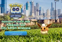 Pokémon GO City Safari artwork showing Eevee in grass with the Brisbane skyline and the September 26 and 27, 2026 event dates