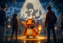A costumed Charmander stands beneath a spotlight while Pokémon GO Trainers gather in a park at dusk.