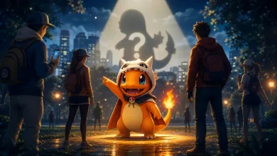 A costumed Charmander stands beneath a spotlight while Pokémon GO Trainers gather in a park at dusk.